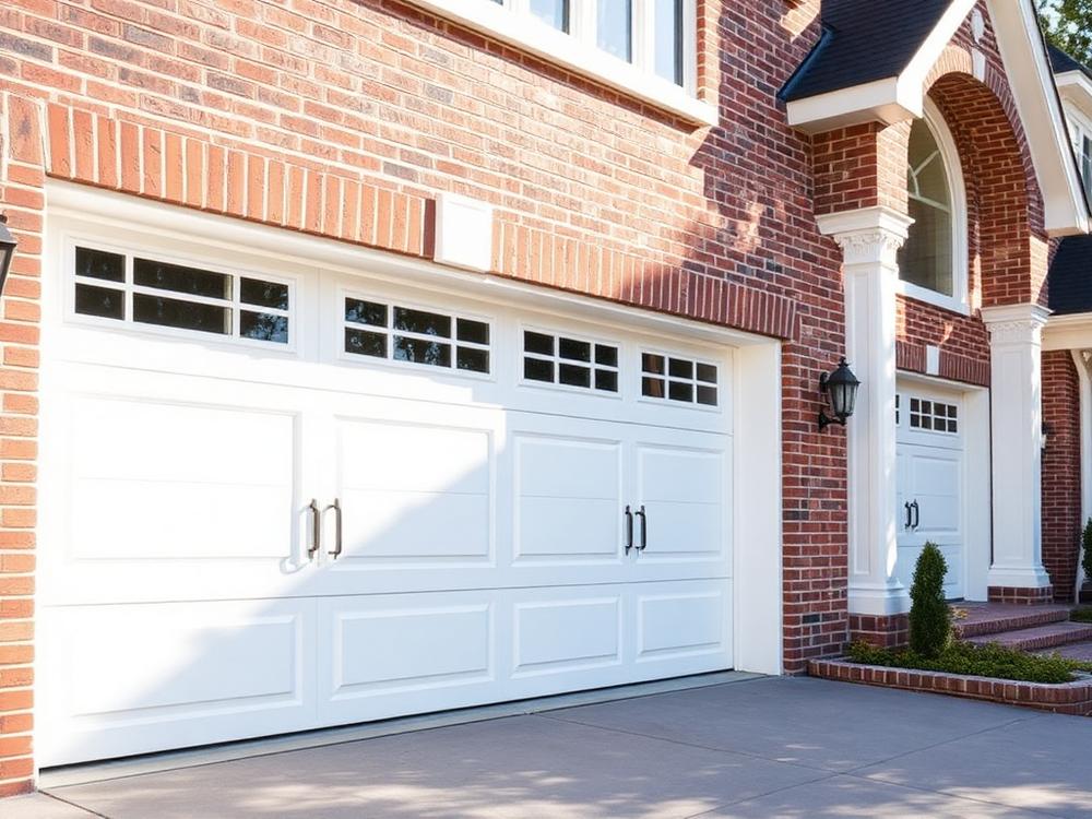 Newly installed white garage doors on a Rochester-area brick home