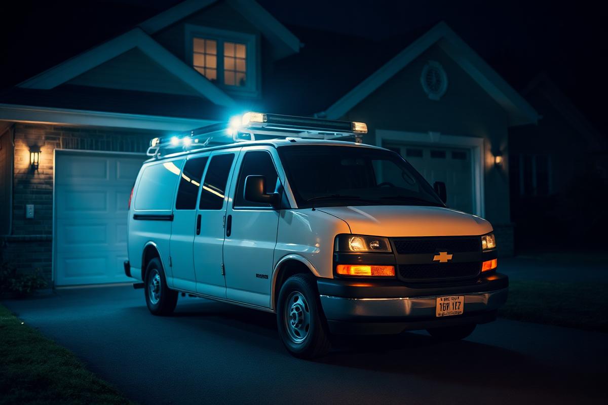 Service van responding to an emergency garage door call at night