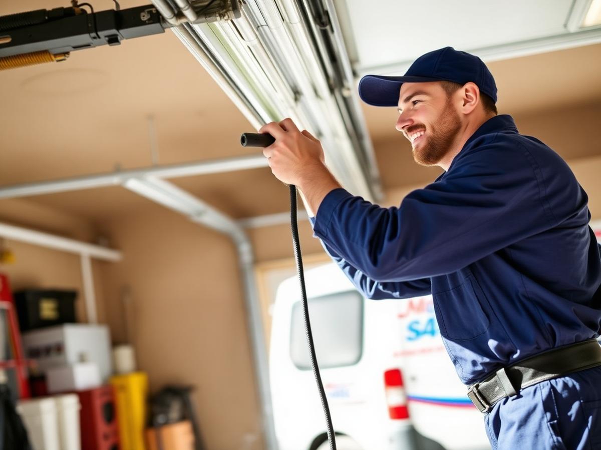 Garage door technician servicing an overhead door